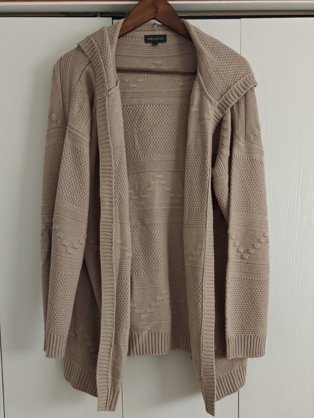 Beige Open-Front Hooded Knit Cardigan